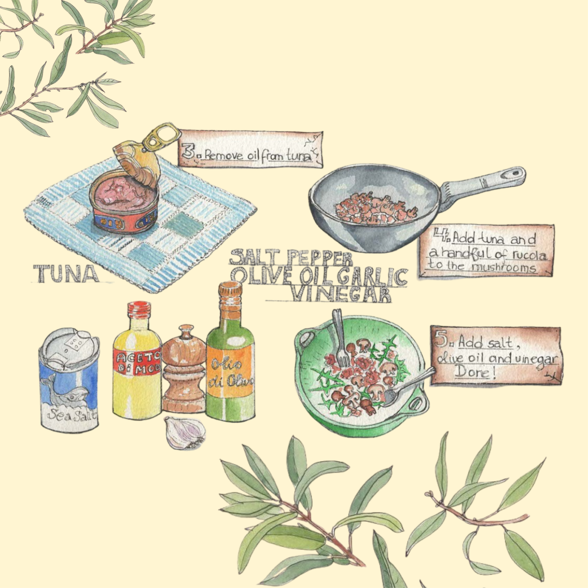 Illustratie van ingrediënten: tonijn, olijfolie, knoflook en azijn