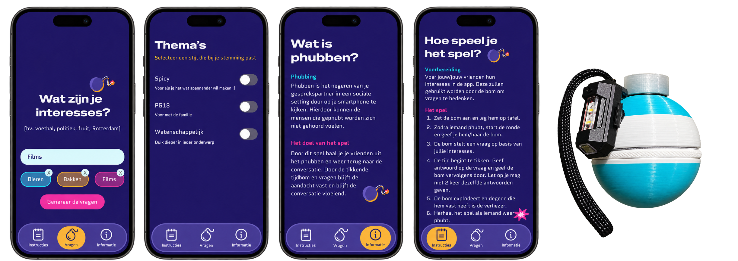 Vier schermen van de Phubbom-app en de fysieke Phubbom